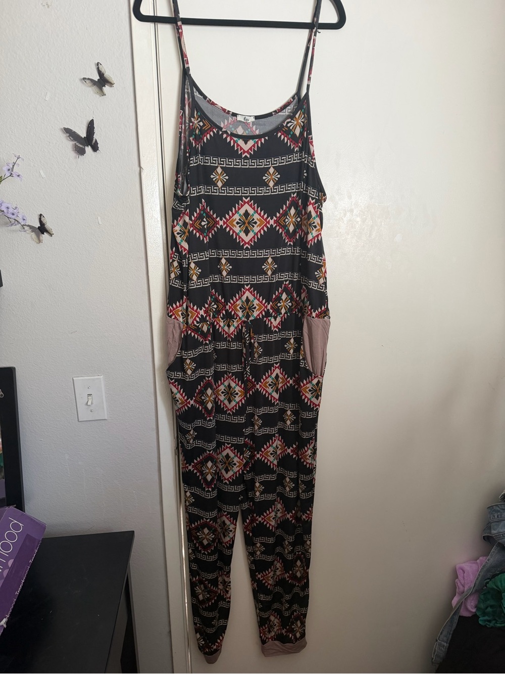 Patterned Black Aztec-Print Spaghetti Strap Jumpsuit